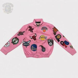 Pink NBA Basketball Patch Jacket | Embroidered Team Logo Bomber Jacket | Basketball Streetwear Coat