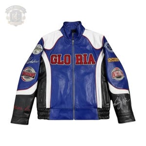 Gloria Compton Pglang Championship Leather Jacket | Blue Black Patchwork Racing Bomber | Custom statement coat