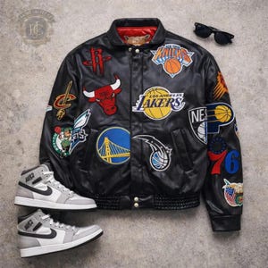 NBA Teams Patch Leather Jacket | Black Basketball Varsity Bomber | Embroidered Sports Fan Streetwear Coat