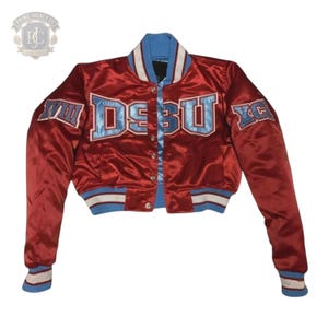 Women’s DSBU Red Satin Cropped Varsity Jacket | Blue White Letterman Bomber | Collegiate Patch Streetwear
