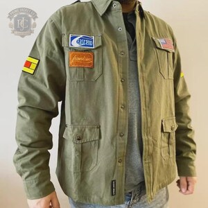 Men’s Olive Green Patchwork Field Jacket | Military Utility Shacket | USA Flag Cargo Pocket Streetwear Coat
