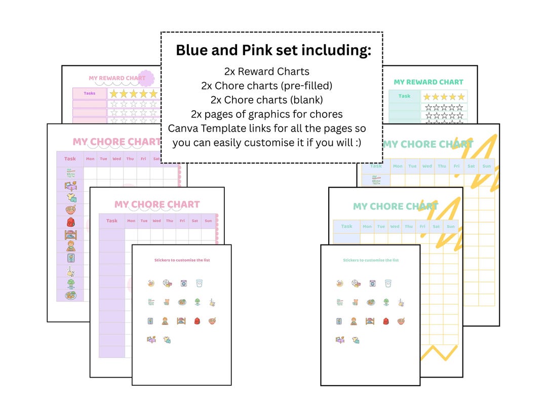 Kids Chore & Reward Chart Bundle | Pink Blue | Editable Canva Templates ...