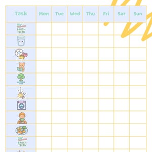 Op de afbeelding: Een lichtblauw en geel takenoverzicht met de tekst "MY CHORE CHART". De tabel bevat taakpictogrammen en dagen van de week. De taken omvatten tandenpoetsen, water drinken, met een bal spelen, lezen en tijd buiten.