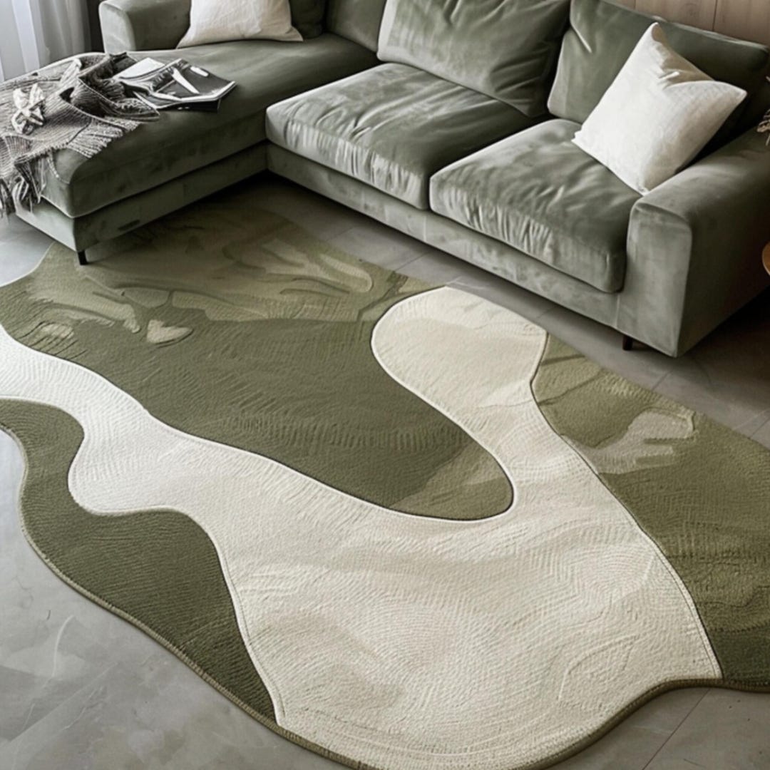 Hand Tufted Wool Rug – Organic Shape Abstract Area Carpet, Olive Green ...