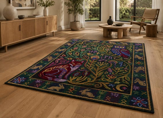 Hand Tufted Woodland Rug, Fox Owl Rabbit Tapestry Rug, Forest Animal Area Rug, Boho Cottagecore Floral Rug, Nature Wall Hanging Decor