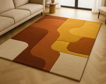 Retro Abstract Rug, Burnt Orange Mid Century Modern Carpet, Hand Tufted Living Room Decor