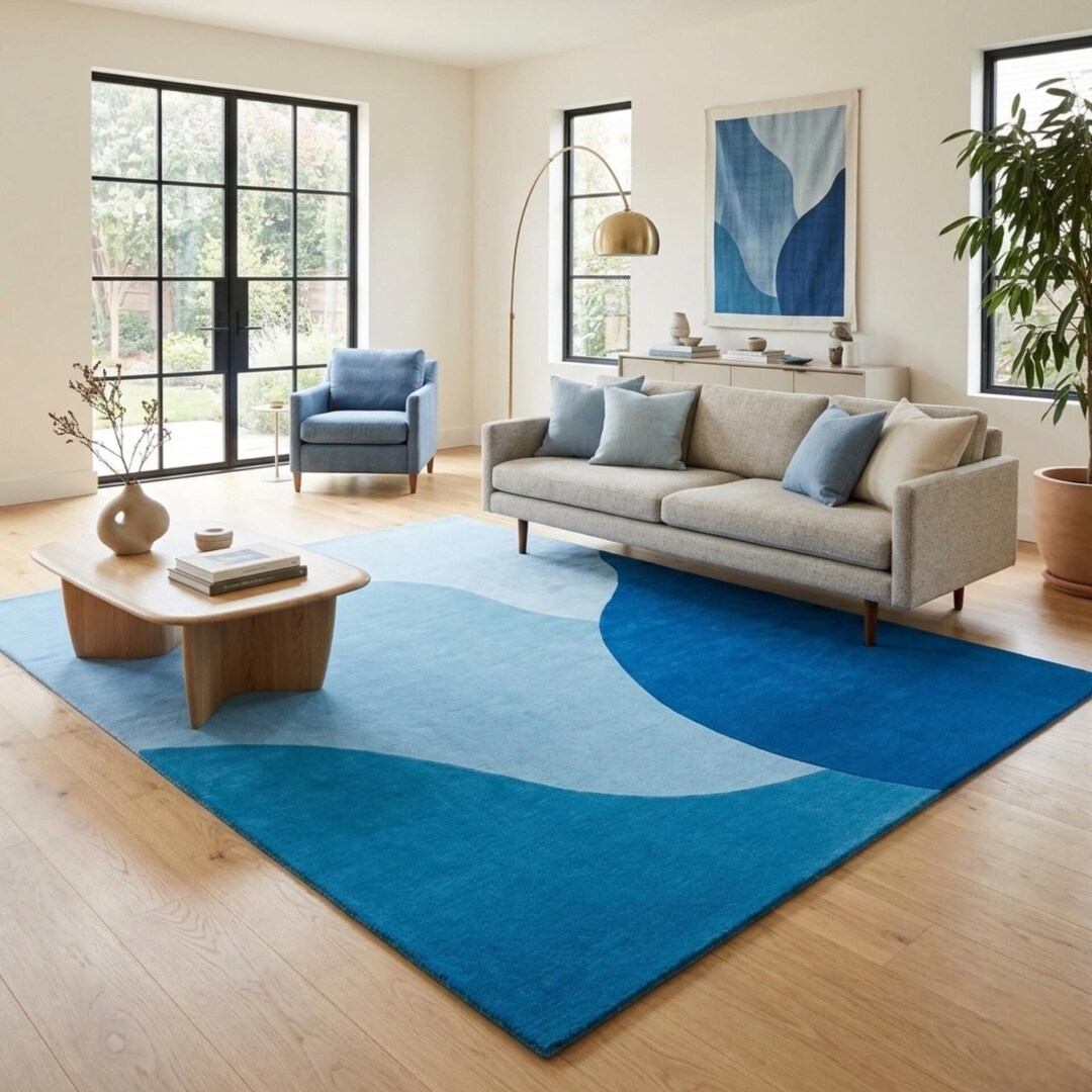 Hand Tufted Wool Rug Blue Abstract Wave Design, Modern Minimalist ...
