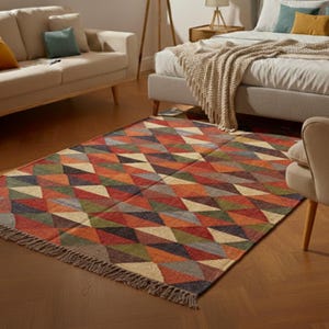 Op de afbeelding: Een rechthoekig vloerkleed met een geometrisch patroon van driehoeken in rood, oranje, groen en beige tinten. Het kleed heeft een gefranjerde rand en ligt op een houten vloer. Dit is een item voor interieurdecoratie.