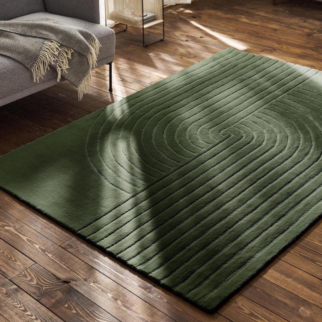 Olive Green Rugs Pattern Olive Green Wool Rug – Hand Tufted Geometric Line Pattern Carpet - Etsy
