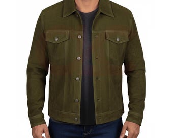 May include: Olive green suede jacket with a classic collar, two chest pockets, and button closures. The jacket has a tailored fit and long sleeves. A stylish outerwear piece.