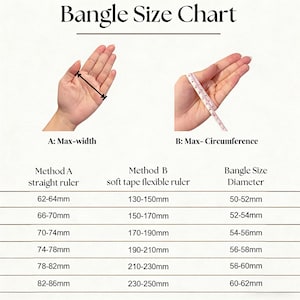 May include: Bangle Size Chart with instructions for measuring wrist width and circumference using a ruler or flexible tape. Includes a size conversion chart with bangle diameter measurements ranging from 50mm to 62mm.