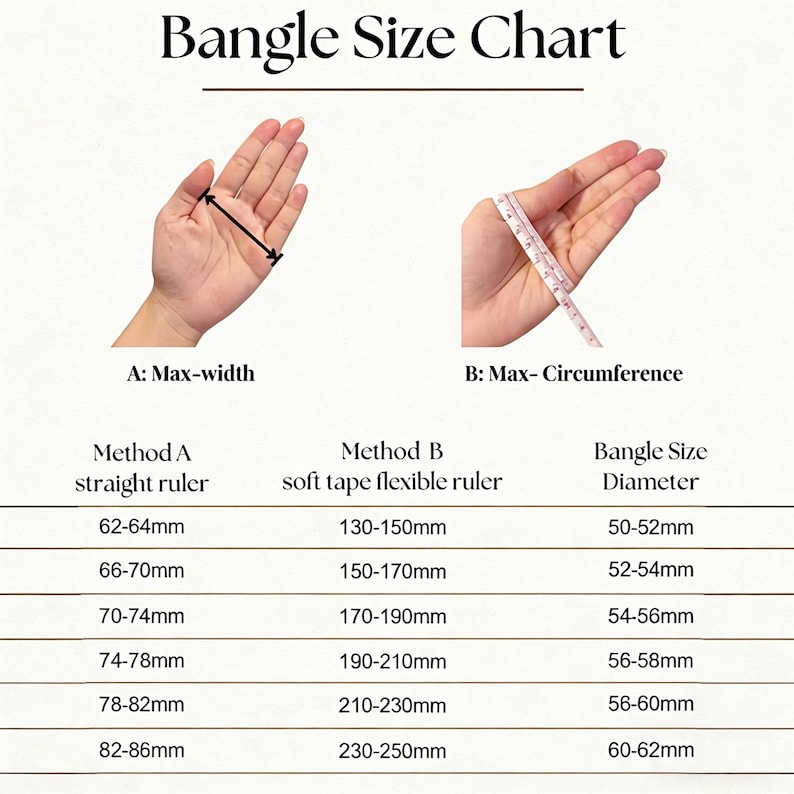 May include: Bangle Size Chart with instructions for measuring wrist width and circumference using a ruler or flexible tape. Includes a size conversion chart with bangle diameter measurements ranging from 50mm to 62mm.