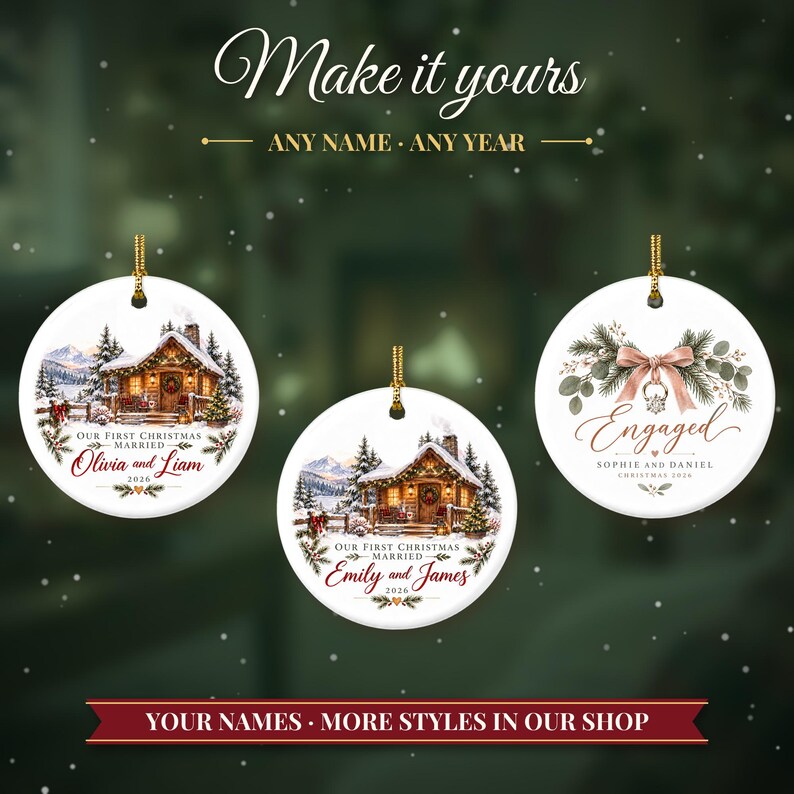 First Christmas Married Ornament 2026, Winter Cabin Mr and Mrs Keepsake, Newlywed Gift for Couple, Custom Wedding Ornament image 3