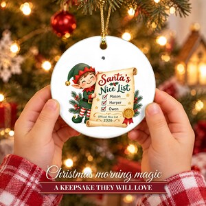 Nice List Ornament Christmas 2026, Santa's Nice List Siblings Names Keepsake, Elf Scroll Custom Kids Gift, Grandkids Ceramic Tree Decor image 6