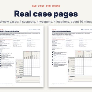 May include: Two white paper game sheets titled Real case pages, featuring the text One case per round and 10 brand-new cases: 4 suspects, 4 weapons, 4 locations, about 10 minutes each. Each sheet contains mystery logic puzzles with grids.