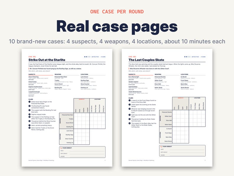May include: Two white paper game sheets titled Real case pages, featuring the text One case per round and 10 brand-new cases: 4 suspects, 4 weapons, 4 locations, about 10 minutes each. Each sheet contains mystery logic puzzles with grids.