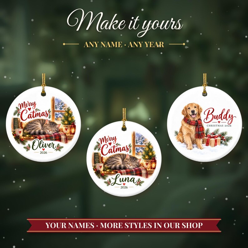 Cat Ornament, Merry Catmas Christmas Ornament with Name, Cat Lover Gift, Cat Mom Gift 2026, Custom Ceramic Pet Keepsake for Her image 3