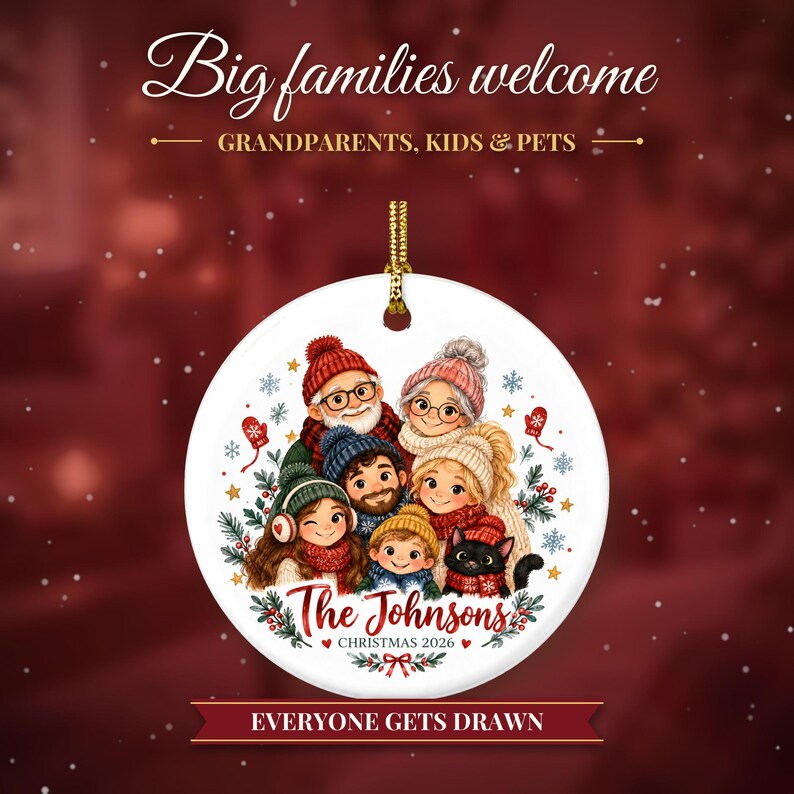 Family Christmas Ornament 2026 from Photo, 2 Sided Custom Cartoon Portrait with Pets and Names, Family of 4 5 6, Keepsake for Grandparents bild 11