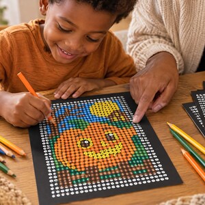 May include: A color-by-number activity sheet featuring a pumpkin design on a black background, with a grid of small circles containing letters. The sheet is accompanied by several colored pencils in shades of orange, yellow, blue, and green.