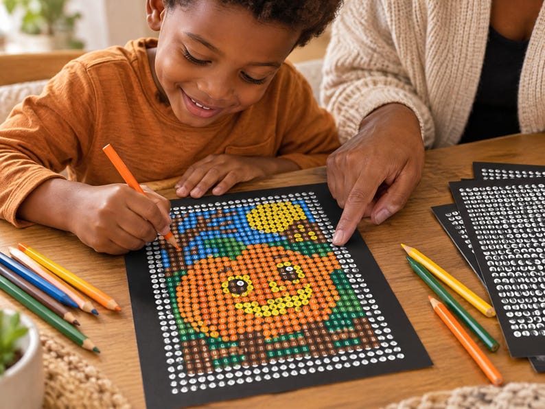 May include: A color-by-number activity sheet featuring a pumpkin design on a black background, with a grid of small circles containing letters. The sheet is accompanied by several colored pencils in shades of orange, yellow, blue, and green.