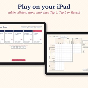 May include: Two digital tablet screens displaying a mystery game interface. The left screen shows The Case Board with five selectable cases. The right screen displays a logic grid puzzle with categories for suspects, locations, and party favors.