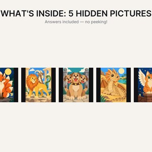K&ouml;nnte beinhalten: Eine Grafik mit dem Text WHAT'S INSIDE: 5 HIDDEN PICTURES und Answers included &mdash; no peeking! Unter dem Text befinden sich f&uuml;nf quadratische Illustrationen: ein neunschw&auml;nziger Fuchs, ein L&ouml;we mit Ziege und Schlange, ein dreik&ouml;pfiger Hund, ein Drache und eine gefl&uuml;gelte Katze.