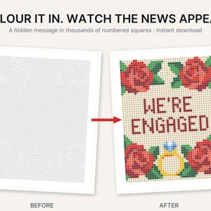 K&ouml;nnte beinhalten: Ein druckbares Aktivit&auml;tsblatt mit einem Raster aus nummerierten Quadraten. Der Text lautet COLOUR IT IN. WATCH THE NEWS APPEAR. A hidden message in thousands of numbered squares. Das fertige Design zeigt den Text WE'RE ENGAGED mit Rosen.