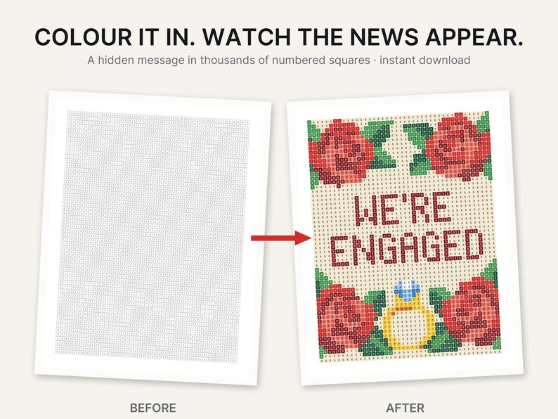 K&ouml;nnte beinhalten: Ein druckbares Aktivit&auml;tsblatt mit einem Raster aus nummerierten Quadraten. Der Text lautet COLOUR IT IN. WATCH THE NEWS APPEAR. A hidden message in thousands of numbered squares. Das fertige Design zeigt den Text WE'RE ENGAGED mit Rosen.