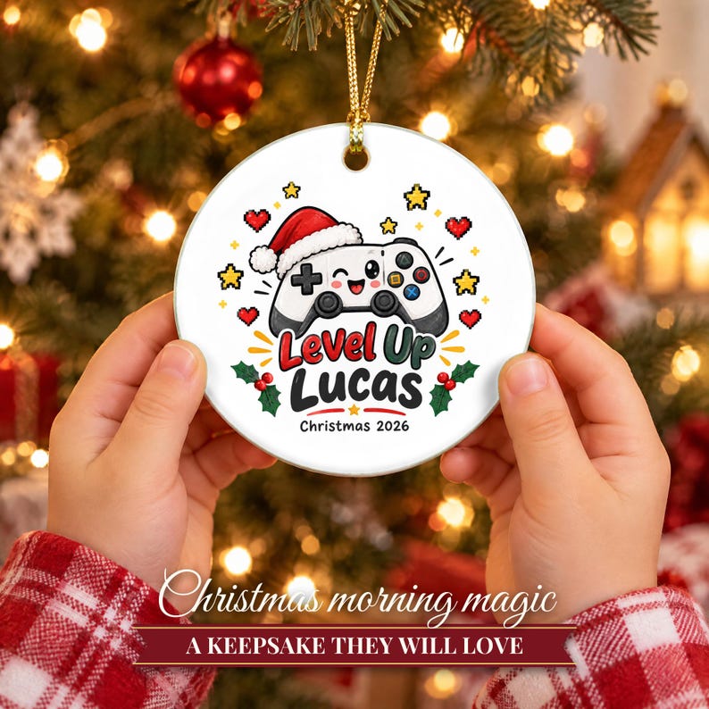 Gamer Ornament Christmas 2026, Gamer Gift for Boys and Teens, Level Up Custom Name Keepsake, Video Game Controller Ceramic Tree Decor image 6