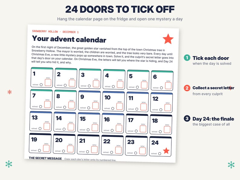 May include: A white advent calendar sheet titled Your advent calendar with 24 numbered boxes for December. Each box includes a space for a letter and a solved checkbox. Instructions include 24 doors to tick off, collect a secret letter, and Day 24 the finale.