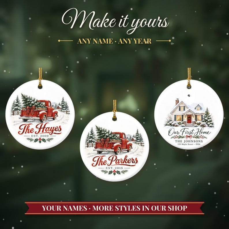 Red Truck Ornament Christmas 2026, Vintage Pickup Family Name Keepsake, Farmhouse Christmas Tree Decor, Est Year Custom Ceramic Gift image 3
