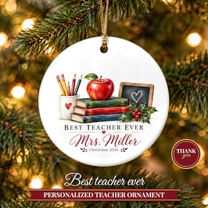 Teacher Ornament 2026, Best Teacher Ever Christmas Keepsake with Name, Apple and Books, Appreciation Gift from Student image 1