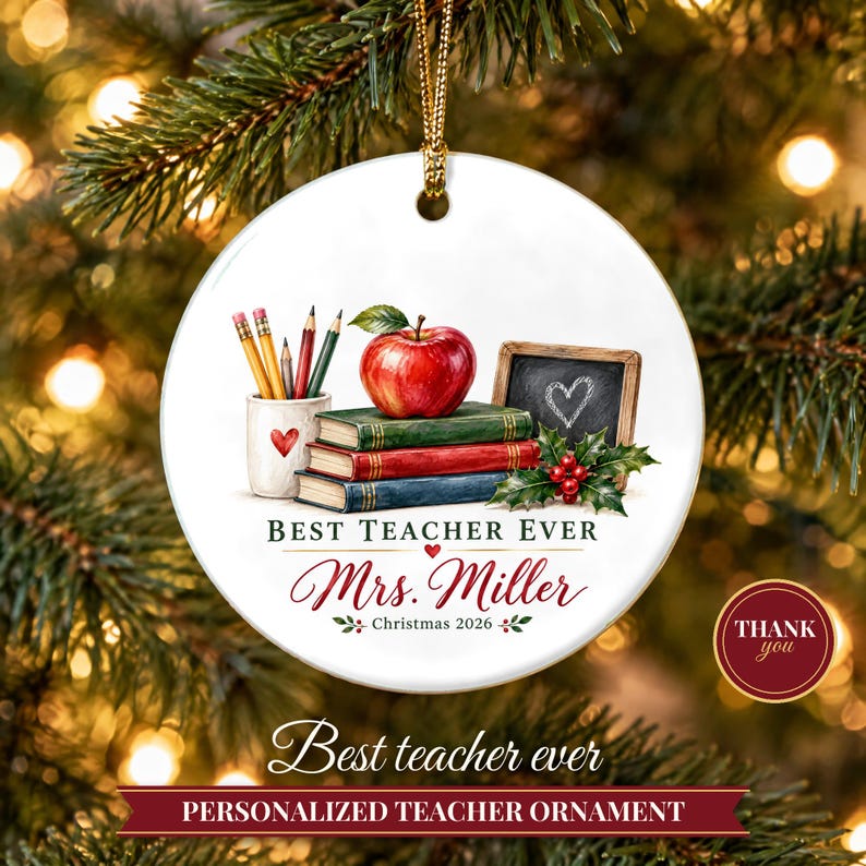 Teacher Ornament 2026, Best Teacher Ever Christmas Keepsake with Name, Apple and Books, Appreciation Gift from Student image 1