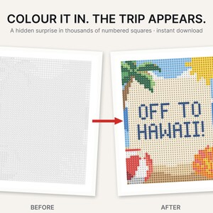 May include: A printable activity sheet with the text COLOUR IT IN. THE TRIP APPEARS. A hidden surprise in thousands of numbered squares. The before image shows a grid of numbers, and the after image shows a colored pixel art scene with the text OFF TO HAWAII!