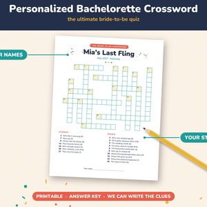 May include: A personalized bachelorette crossword puzzle sheet titled Mia's Last Fling, May 2027, Nashville. The white paper features a grid of empty boxes, numbered clues for across and down, and a yellow pencil resting on the bottom right corner.