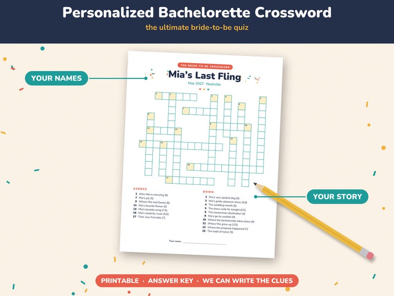May include: A personalized bachelorette crossword puzzle sheet titled Mia's Last Fling, May 2027, Nashville. The white paper features a grid of empty boxes, numbered clues for across and down, and a yellow pencil resting on the bottom right corner.