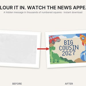 May include: A numbered grid coloring activity featuring the text BIG COUSIN 2027. The design includes a green dinosaur, a red car, a rocket ship, and a blue ball. The top text reads COLOUR IT IN. WATCH THE NEWS APPEAR. A hidden message in thousands of numbered squares.