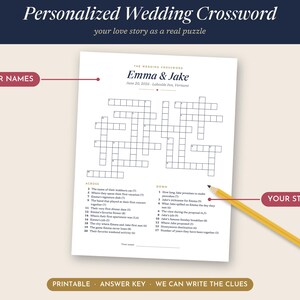 May include: A white paper sheet featuring a personalized wedding crossword puzzle with the names Emma & Jake, the date June 20, 2024, and location Lakeside Inn, Vermont. The puzzle includes numbered across and down clues and a yellow pencil.