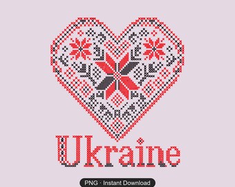 Könnte beinhalten: Ein digitales Kreuzstichmuster mit einer Herzform, die mit komplizierten roten und schwarzen geometrischen Blumenmotiven gefüllt ist. Unter dem Herz steht das Wort Ukraine in einer passenden rot-schwarzen Kreuzstichschrift. Der Hintergrund ist hellrosa.
