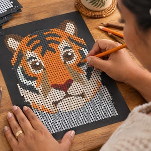 May include: A tiger-themed diamond painting kit on black paper featuring a mosaic of orange, black, and white circular gems. The design depicts a tiger face with detailed stripes and eyes, partially completed with an orange pencil used for placement.