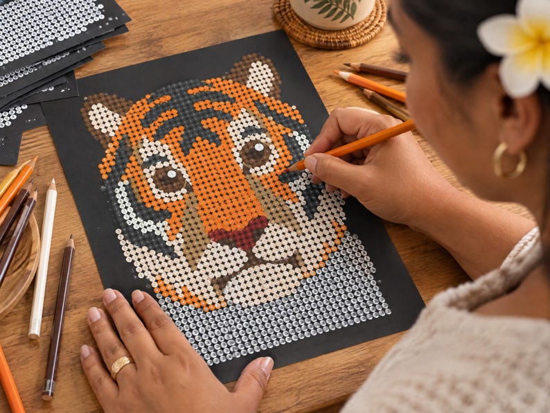 May include: A tiger-themed diamond painting kit on black paper featuring a mosaic of orange, black, and white circular gems. The design depicts a tiger face with detailed stripes and eyes, partially completed with an orange pencil used for placement.