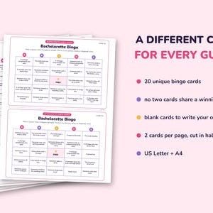 Puede incluir: Un conjunto de tarjetas de juego Bachelorette Bingo imprimibles con texto rosa y morado. Las tarjetas presentan una cuadr&iacute;cula de cinco por cinco con la palabra BRIDE en la parte superior. El texto a la derecha indica A DIFFERENT CARD FOR EVERY GUEST, 20 unique bingo cards, no two cards share a winning line, blank cards to write your own, 2 cards per page, cut in half y US Letter + A4.