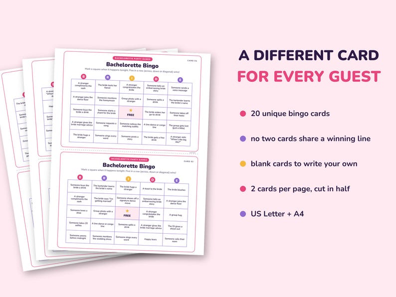 Puede incluir: Un conjunto de tarjetas de juego Bachelorette Bingo imprimibles con texto rosa y morado. Las tarjetas presentan una cuadr&iacute;cula de cinco por cinco con la palabra BRIDE en la parte superior. El texto a la derecha indica A DIFFERENT CARD FOR EVERY GUEST, 20 unique bingo cards, no two cards share a winning line, blank cards to write your own, 2 cards per page, cut in half y US Letter + A4.