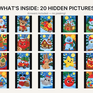 May include: A grid of 20 colorful winter-themed illustrations titled WHAT'S INSIDE: 20 HIDDEN PICTURES. The images feature cartoon characters and objects including Santa, a reindeer, a train, a gingerbread house, a bear, and a snowman.