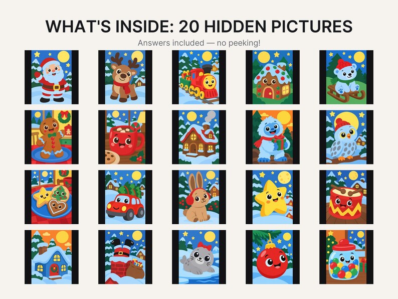 May include: A grid of 20 colorful winter-themed illustrations titled WHAT'S INSIDE: 20 HIDDEN PICTURES. The images feature cartoon characters and objects including Santa, a reindeer, a train, a gingerbread house, a bear, and a snowman.