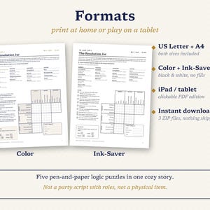 May include: Two printable logic puzzle sheets titled The Resolution Jar, available in colour and ink-saver formats. The documents include instructions, a list of clues, and a grid for solving five pen-and-paper puzzles within a single story.