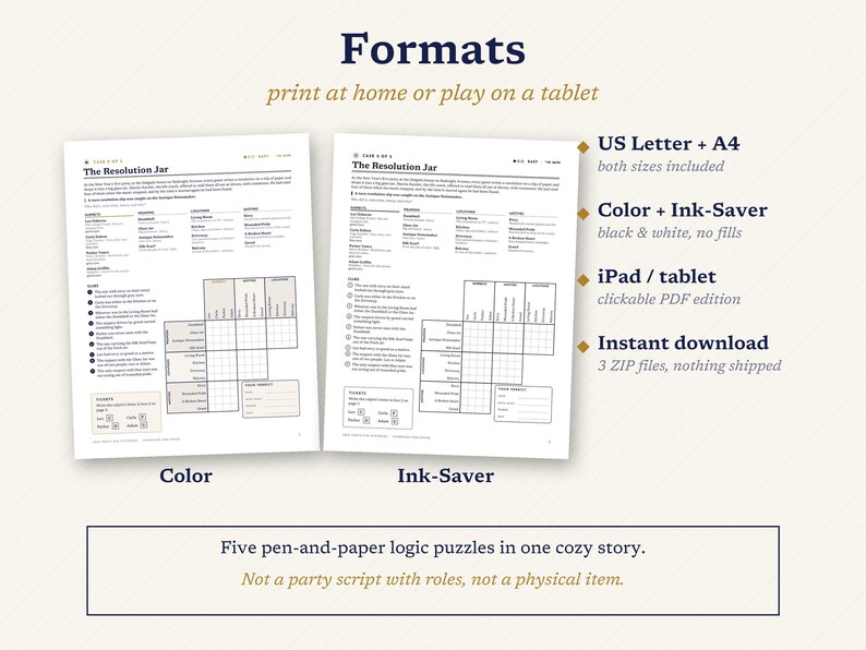 May include: Two printable logic puzzle sheets titled The Resolution Jar, available in colour and ink-saver formats. The documents include instructions, a list of clues, and a grid for solving five pen-and-paper puzzles within a single story.