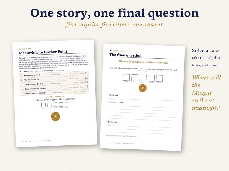 May include: Two white pages from a mystery game titled One story, one final question. The left page features the story Meanwhile in Harbor Point and a case board. The right page shows The final question with five empty squares and lines for answers.