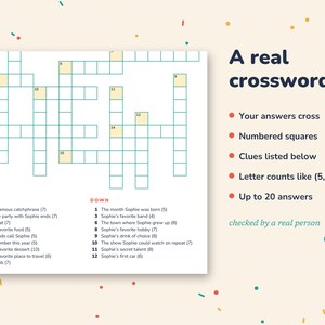 Puede incluir: Una plantilla de crucigrama con una cuadr&iacute;cula de cuadrados blancos vac&iacute;os y casillas numeradas. El texto dice A real crossword, Your answers cross, Numbered squares, Clues listed below, Letter counts like (5,6), Up to 20 answers y checked by a real person.