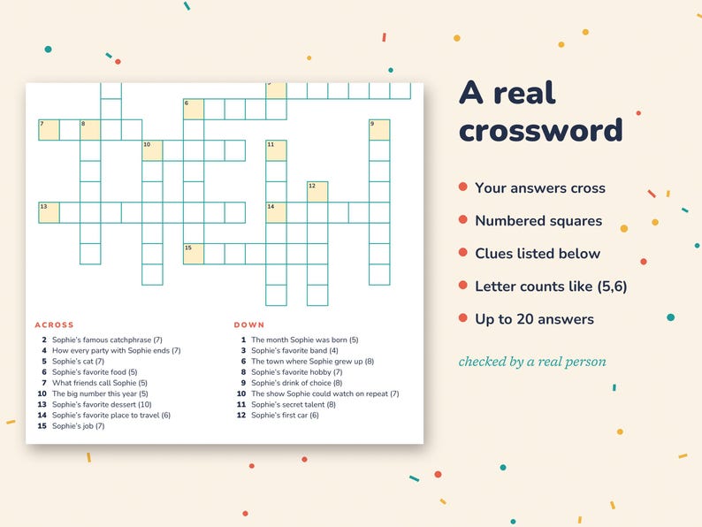 Puede incluir: Una plantilla de crucigrama con una cuadr&iacute;cula de cuadrados blancos vac&iacute;os y casillas numeradas. El texto dice A real crossword, Your answers cross, Numbered squares, Clues listed below, Letter counts like (5,6), Up to 20 answers y checked by a real person.